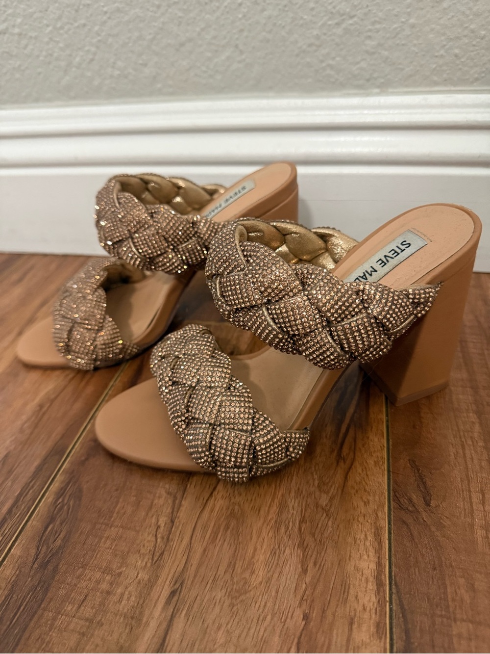 Steve Madden Braided Crystal Two-Strap Block Heel Sandals in Nude/Gold - Picture 2 of 5